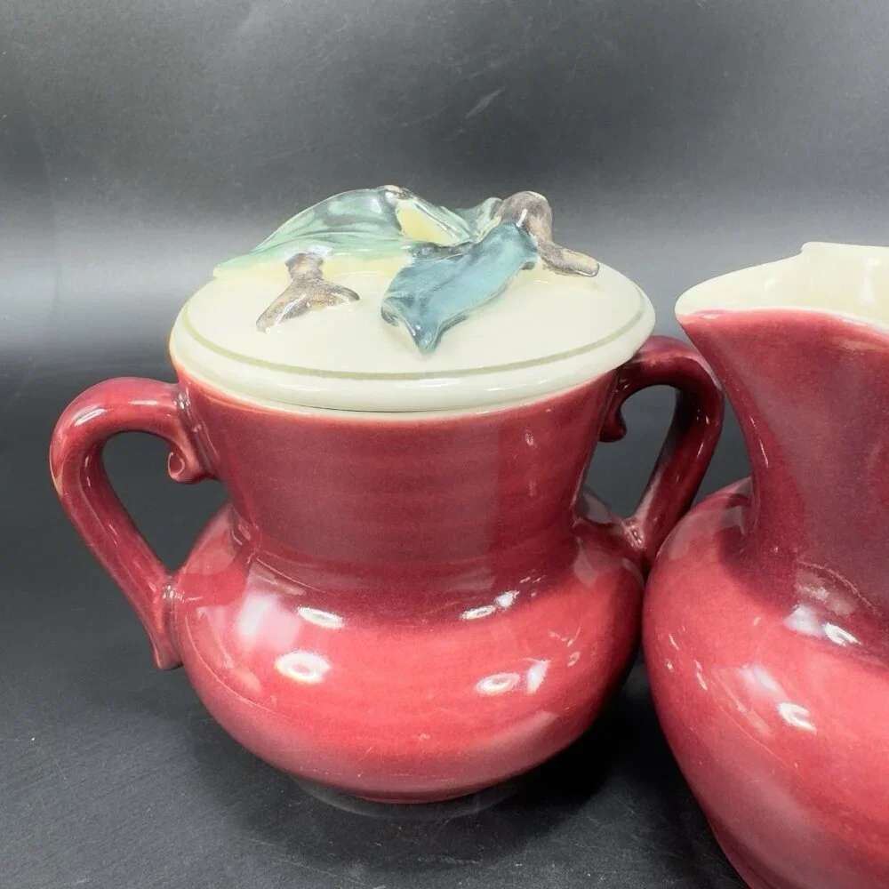 1940s Red Wing Normandy Pottery Burgundy‎ Sugar And Creamer Set 2 With Lid VTG